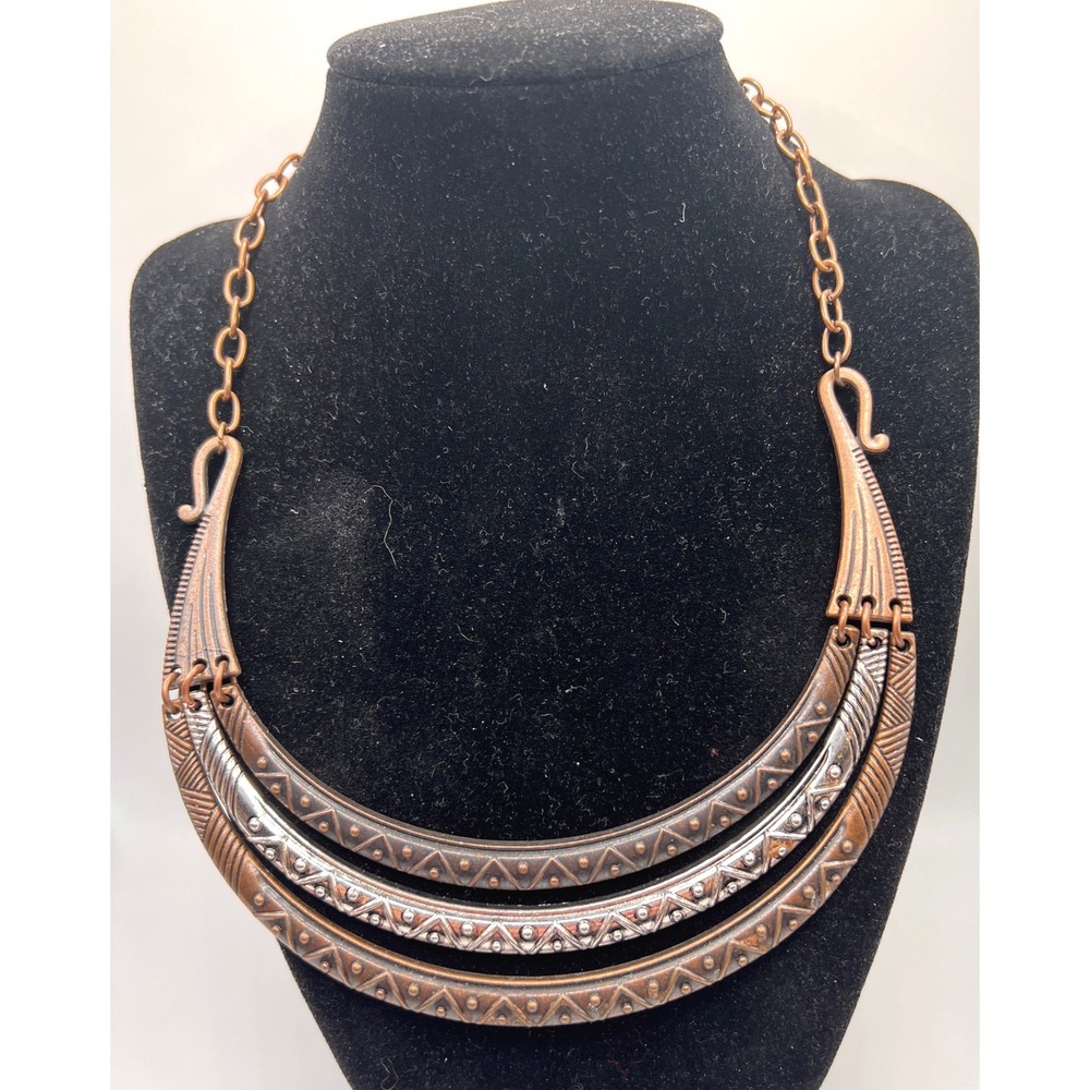 Tribal Aztec Statement Collar Necklace Copper Silver Tone Bib‎